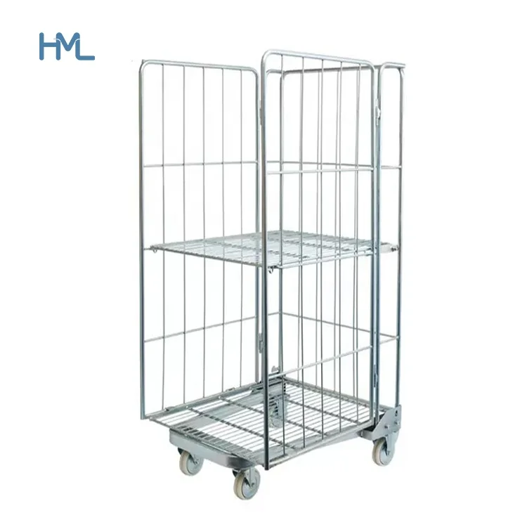 3 Sided Foldable Metal Warehouse Roll Cage Trolly with Removable Shelf