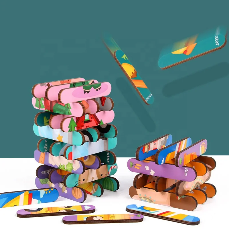 Baby Early Educational Learning Toys Kids Double-sided Cartoon Strip Shape Cartoon Animal Wood Jigsaw Puzzle