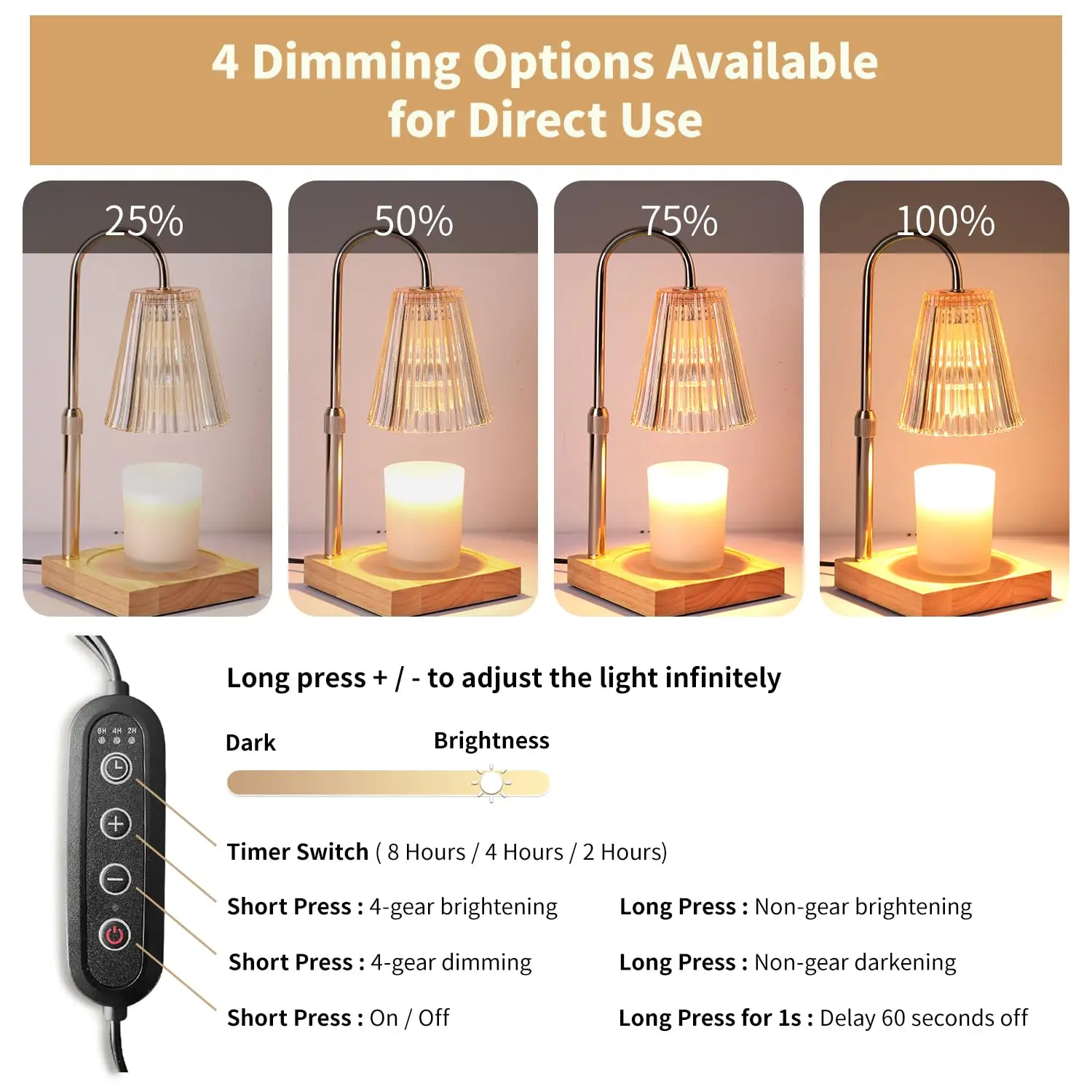 Wooden Dimmer ElectricJar Candles Warmer Bedroom Home Decor 2H/4H/8H Timer 2 Bulbs Candle Warmer Lamp
