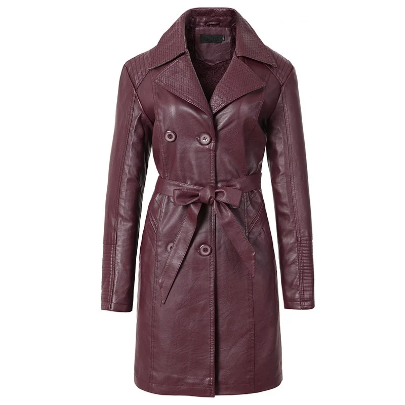 
Sidiou Group Hot Sale Fashion Faux Leather Long Jackets Casual Double-breasted Sashes PU Leather Coats for Women 