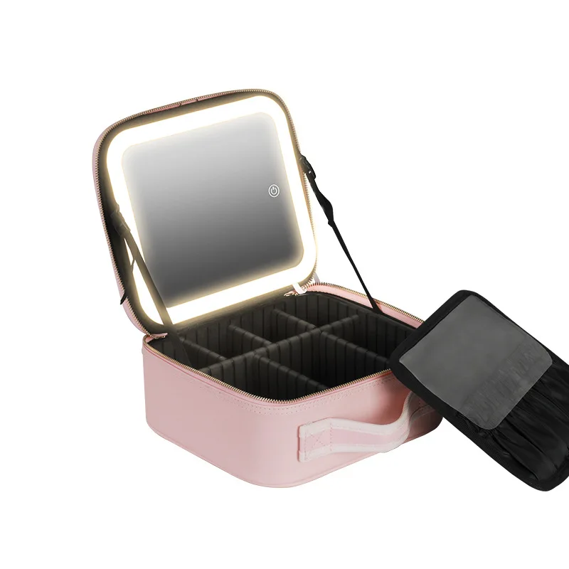 Portable Makeup Case Bag Mirror Led Light Beauty Case Travel Waterproof Make Up Bag Mirror 2024 make up box mirror