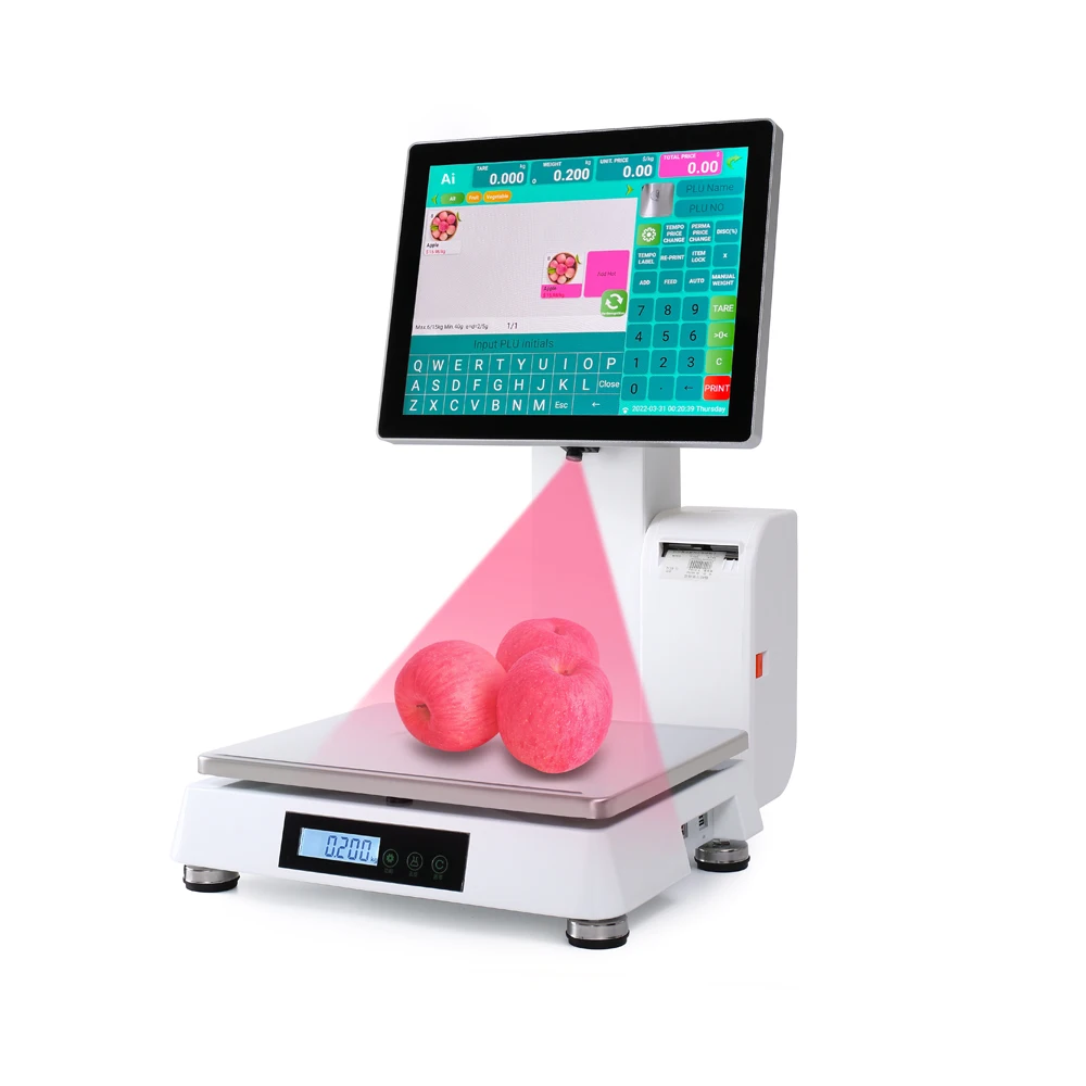 15inch POS System Terminal All in One 15' Screen Cash Register Retail PC Based Scale with Label Printer One Touch Panel