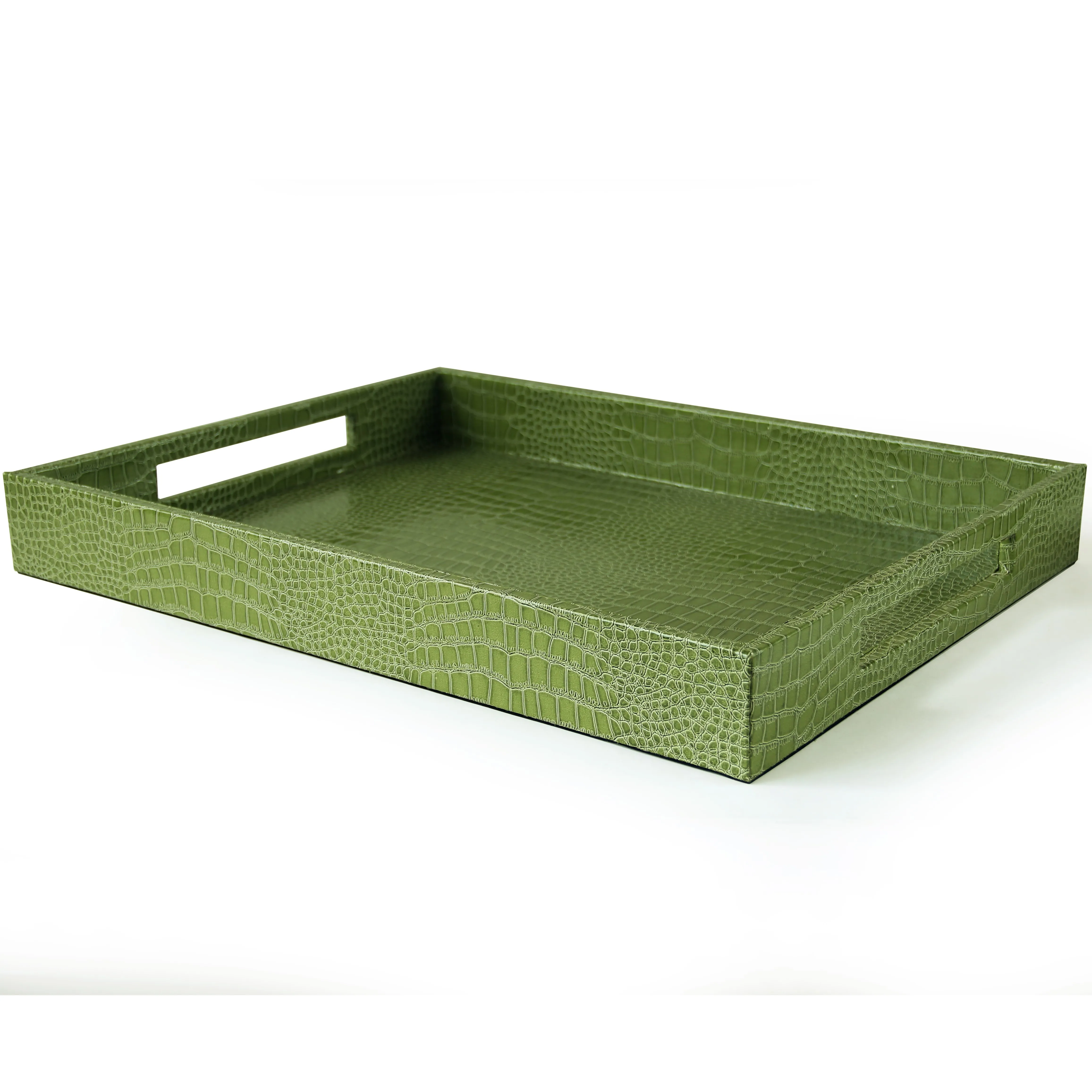 Household large decorative green alligator croco faux leather covered rectangler storage barware serving tray for tea