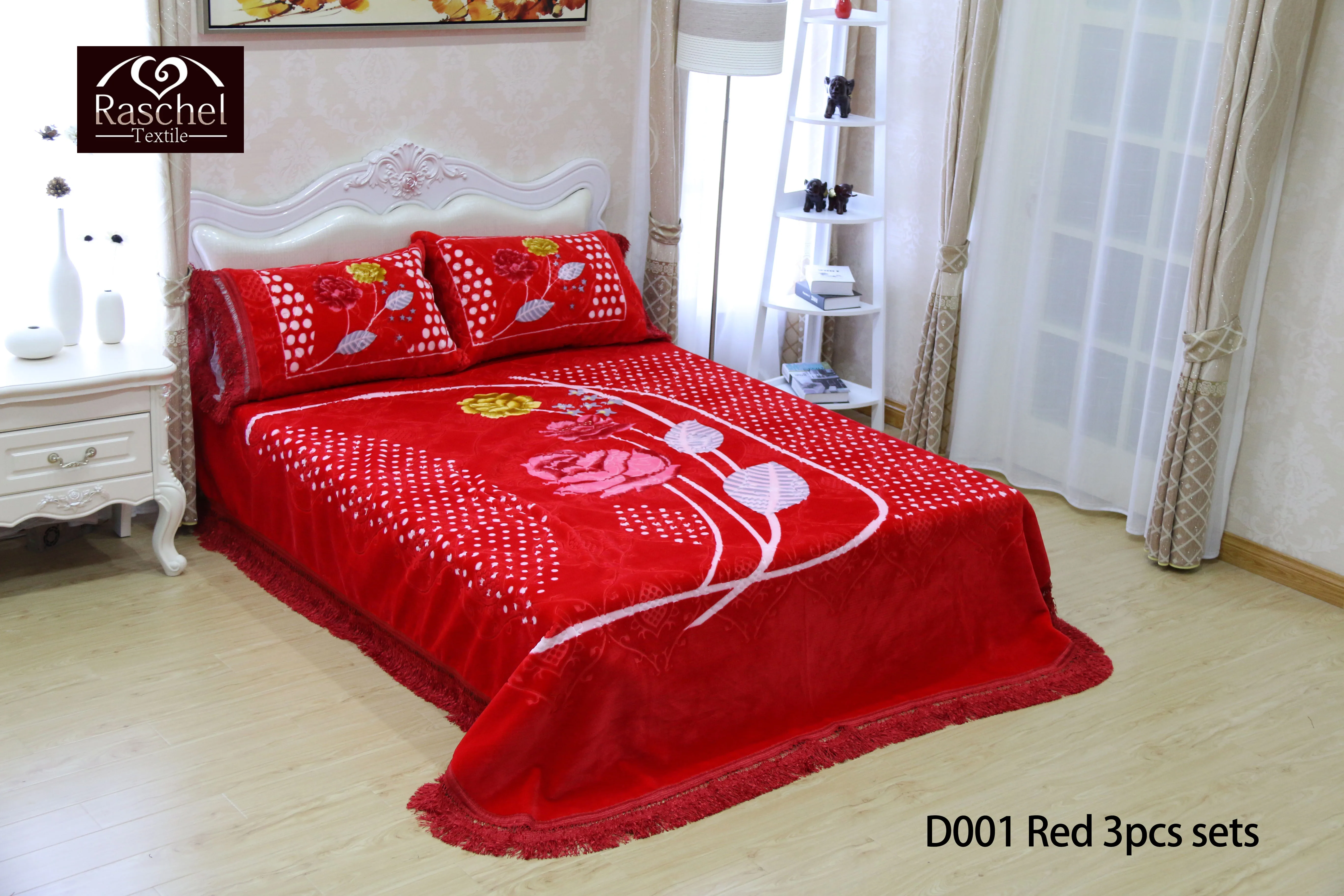 100% Polyester Embossed Dubai style korean with logo classic design raschel mink blanket set