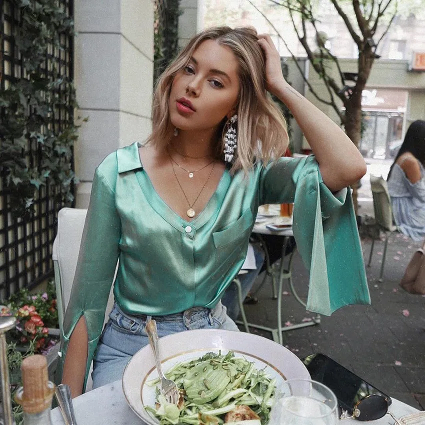 
Womens silky satin smoothly shirt V neck slit sleeves elegant fashion women blouse 