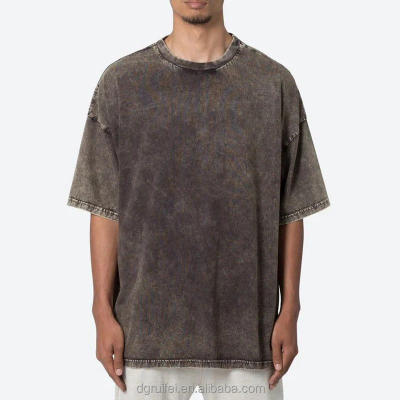 Manufacturer custom logo streetwear vintage boxy fit rib crew neck recycled heavyweight 100% organic cotton acid wash t shirt m