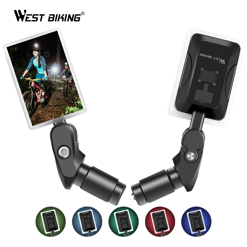 WEST BIKING 360 Rotation Adjustable Rear View Mirror New Bike Rearview Mirror With LED Light USB Rechargeable Handlebar Mirror (1600198643202)