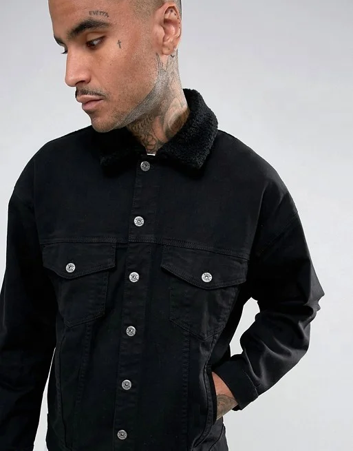 KY Men Jackets and Coats 2023 Clean Borg point  Collar Button Denim Jacket Placket Contrast Jeans Jacket for Men Black