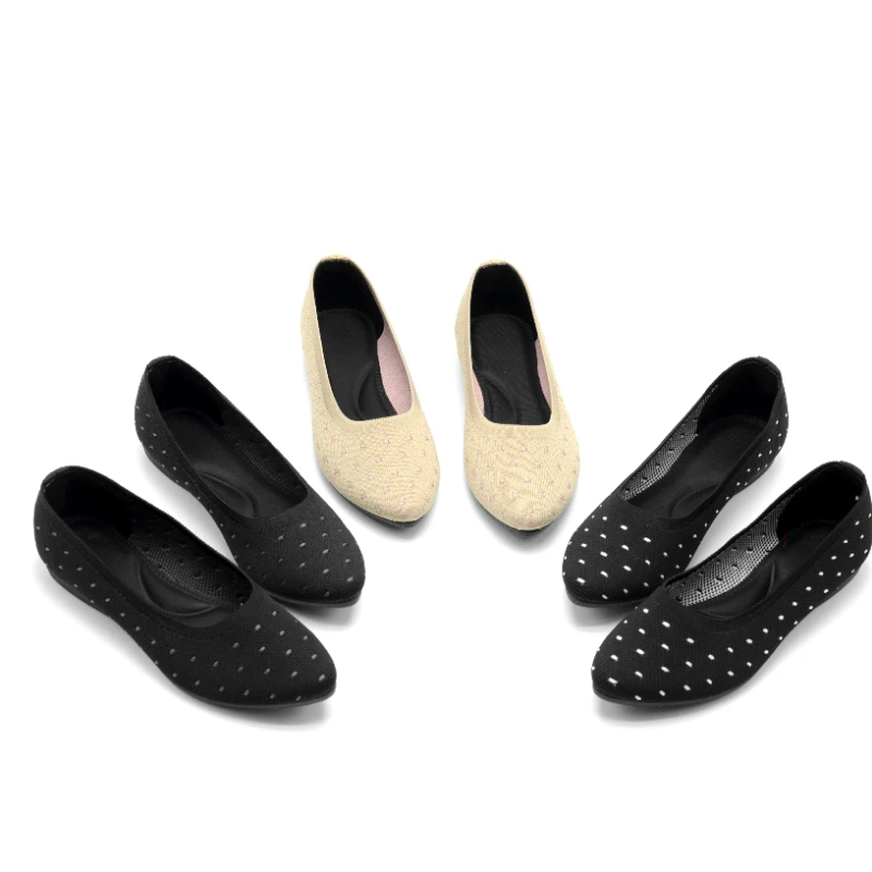 Women Flats Ballet Breathable Knitted V pointed Toe Thick Heels Mixed Color Flat Ballerina Stretchy Loafers Accept custom