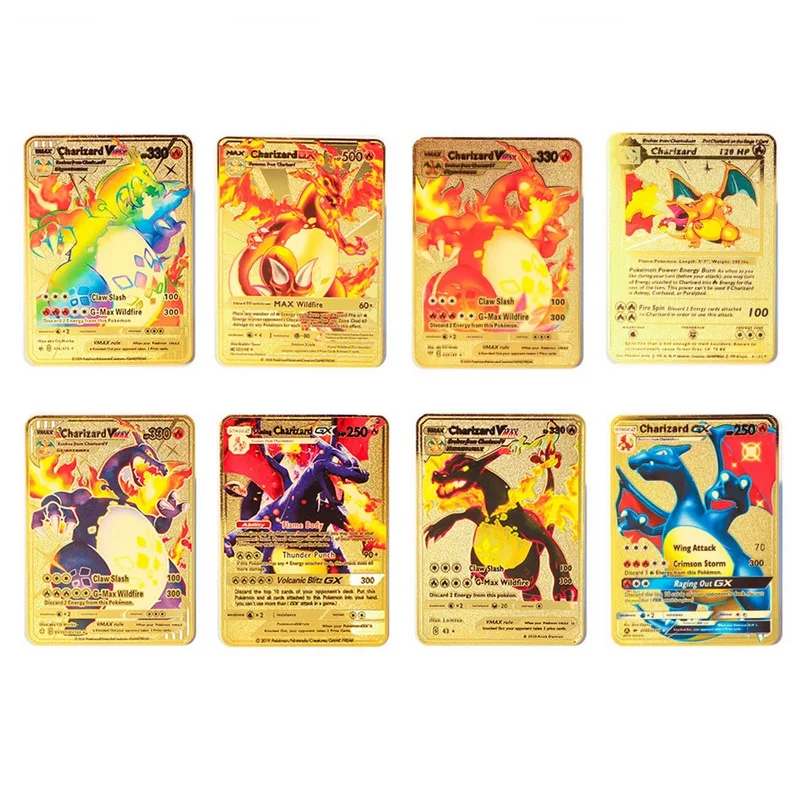Poke mon Iron Shiny Cards English Charizard Mewtwo Pikachu Metal Cards Vmax Metal Gold Pack Game Collection Cards Gift Kids
