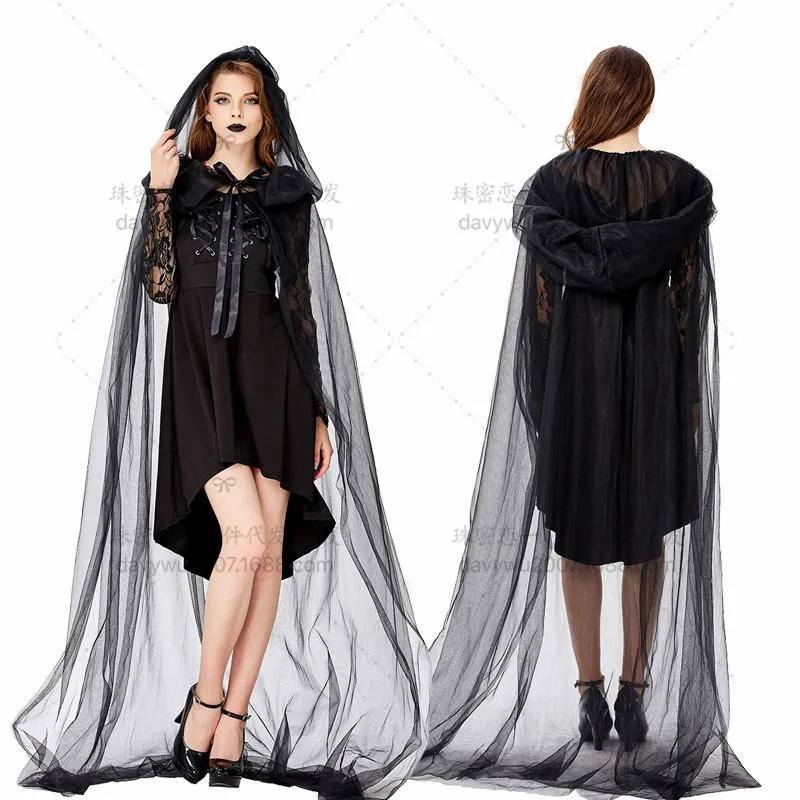 2022 European and American style Halloween wizard gauze cape hooded witch trench coat cloak gauze skirt women average black