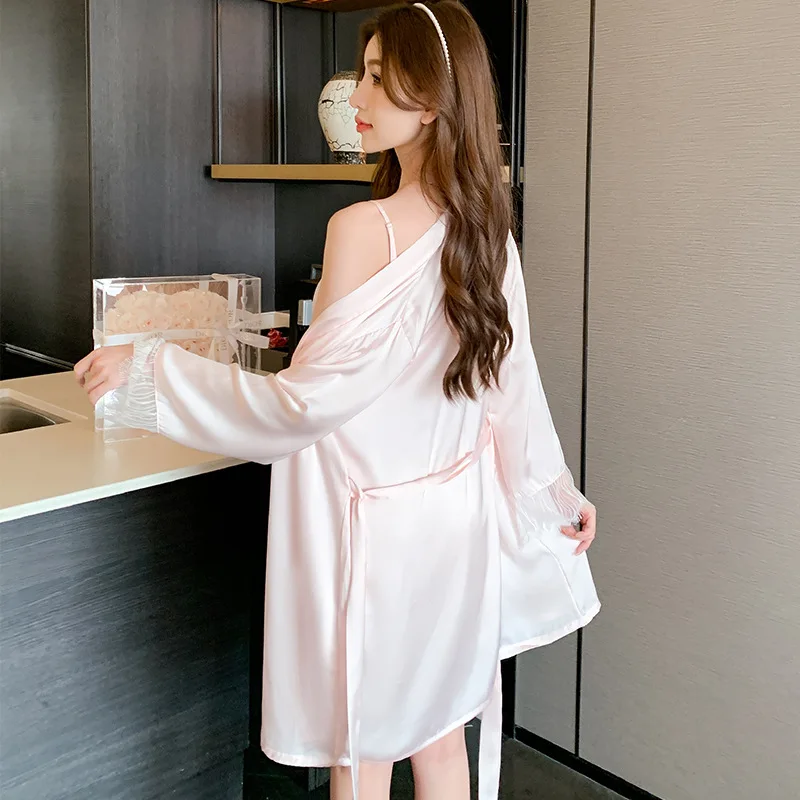 Wholesale 2023 New Luxury Satin Silk Robes Nightgowns 2pcs Fashion Sexy Ice Silk Night Dress For Women