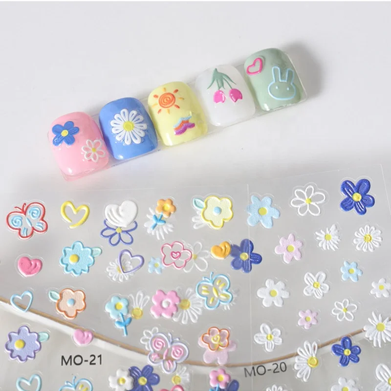 Hot sale 5D embossed cute flower nail art stickers adhesive diy rabbit nail decals decoration manicure