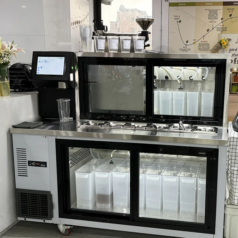 Custom Fully Automatic Bubble Tea Machine With Coffee Shop Equipments Refrigerate Working Water Boba Bar Milk Tea Counter