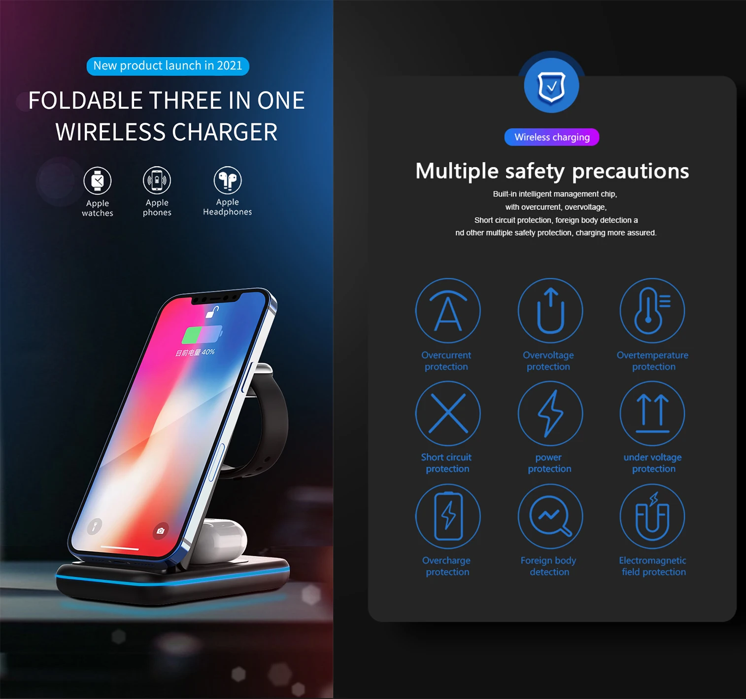 Foldable QI  3 In 1 Wireless Charger 3 In 1 15w Fast Wireless Phone Charger Pad