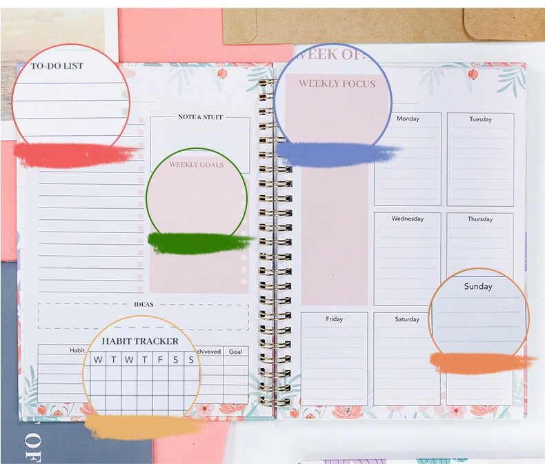 Cartoon Flowers Series color inner core double line volume customizable week planner book