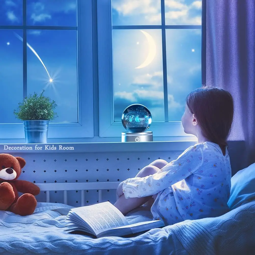 3D Art Laser Engraving Solar System Crystal Ball Led Night Light With LED Base