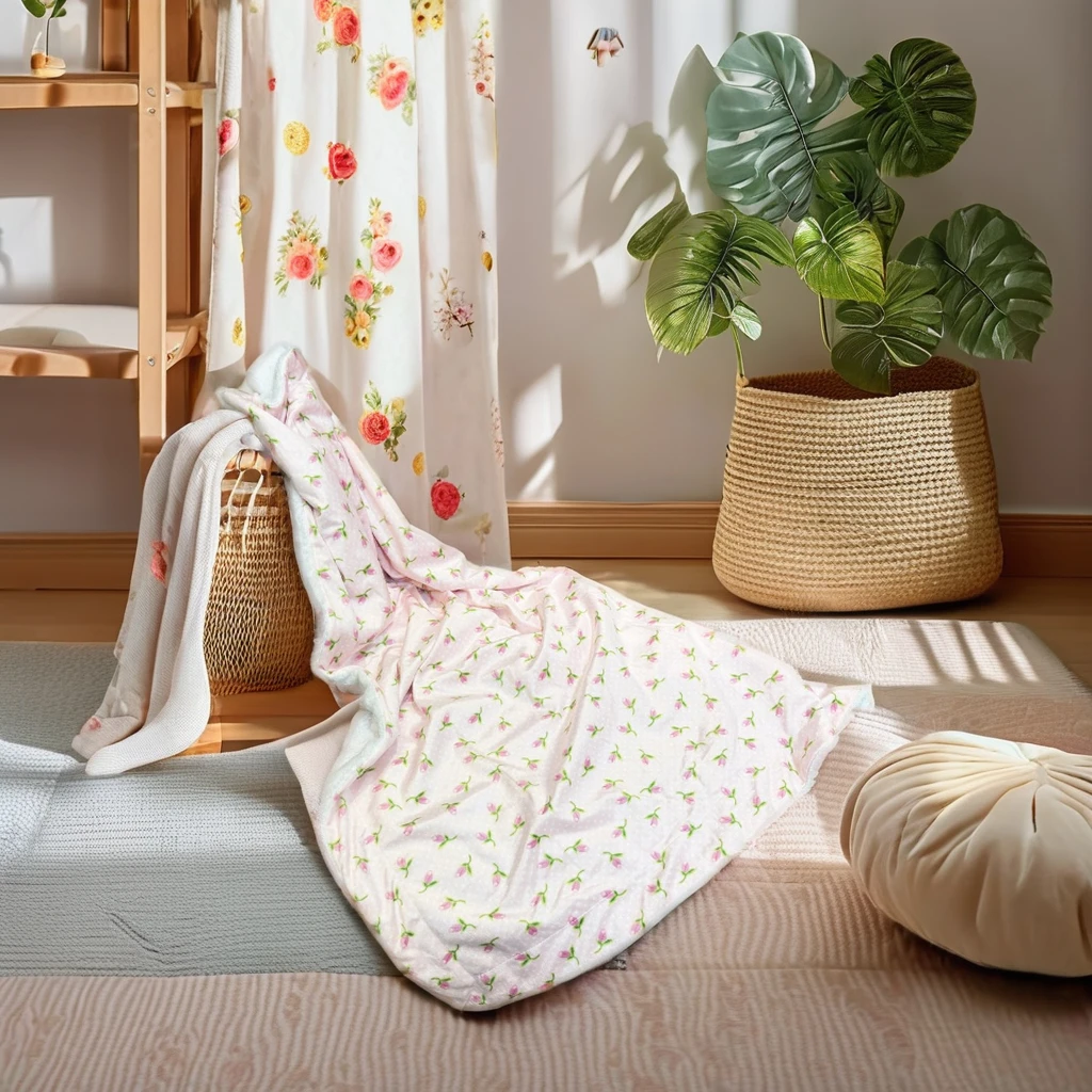 Wholesale Super Soft Double Wool Flannel Security Blanket Cute Pink Small Flowers Printed Non-Fluorescent for Newborn Baby