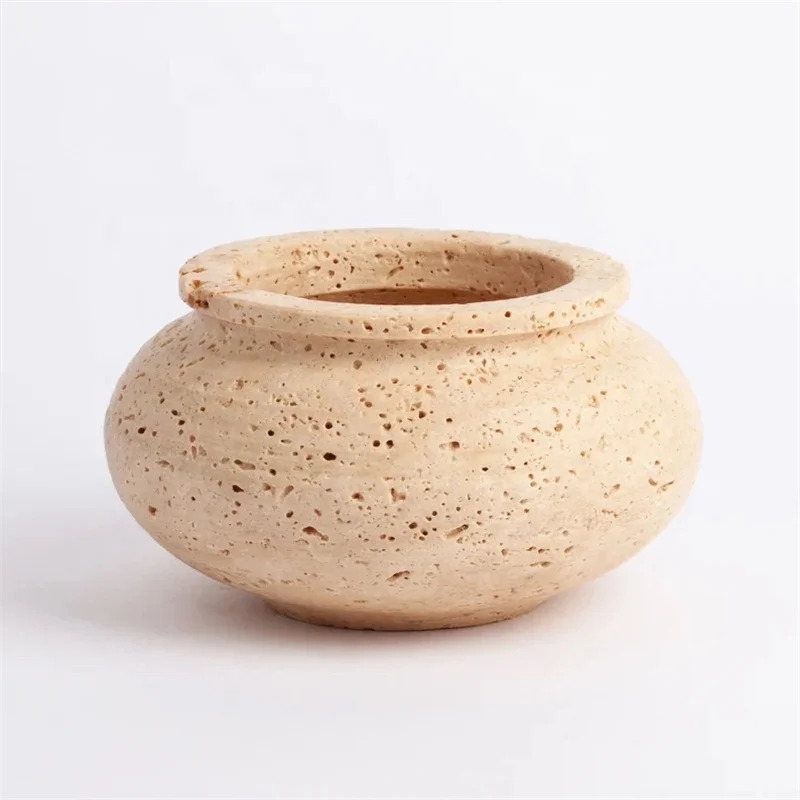 Vintage Beige Travertine Sculptural Stone Flora Vase And Planter Pot