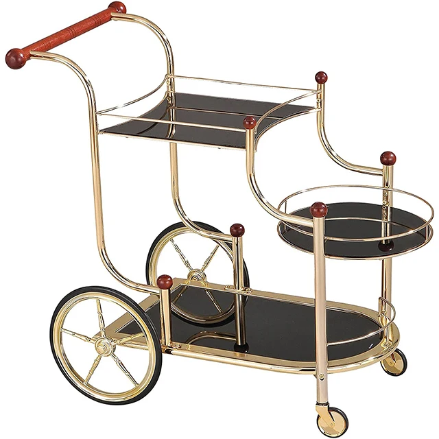 Luxury gold silver metal glass tea wine food catering drinks serving trolley bar cart for hotel restaurant wedding party