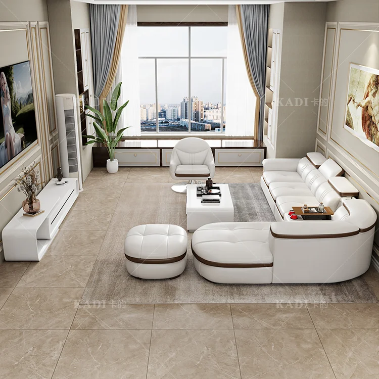 Modern Luxury Living Room Multi-functional Leather Modular Sectional L Shaped Sofas with Round Rcliner USB Bluetooth Speakers