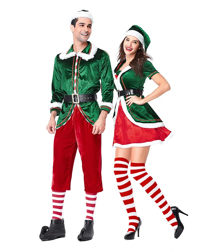 2023 Men Christmas Santa Claus Costume Green Elf Cosplay Family Christmas Party New Year Fancy Dress Clothes Set For Adult