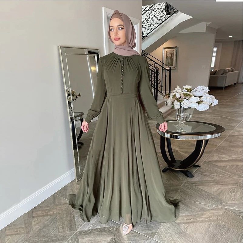 Top sell wrinkle crepe Dubai Women Muslim Dress Clothing Long Sleeves Round Collar Solid Color indian & pakistani clothing