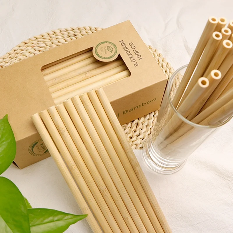 Custom logo biodegradable organic natural 20cm tea fiber straw reusable drinking bamboo straw with cleaners box bag packaging