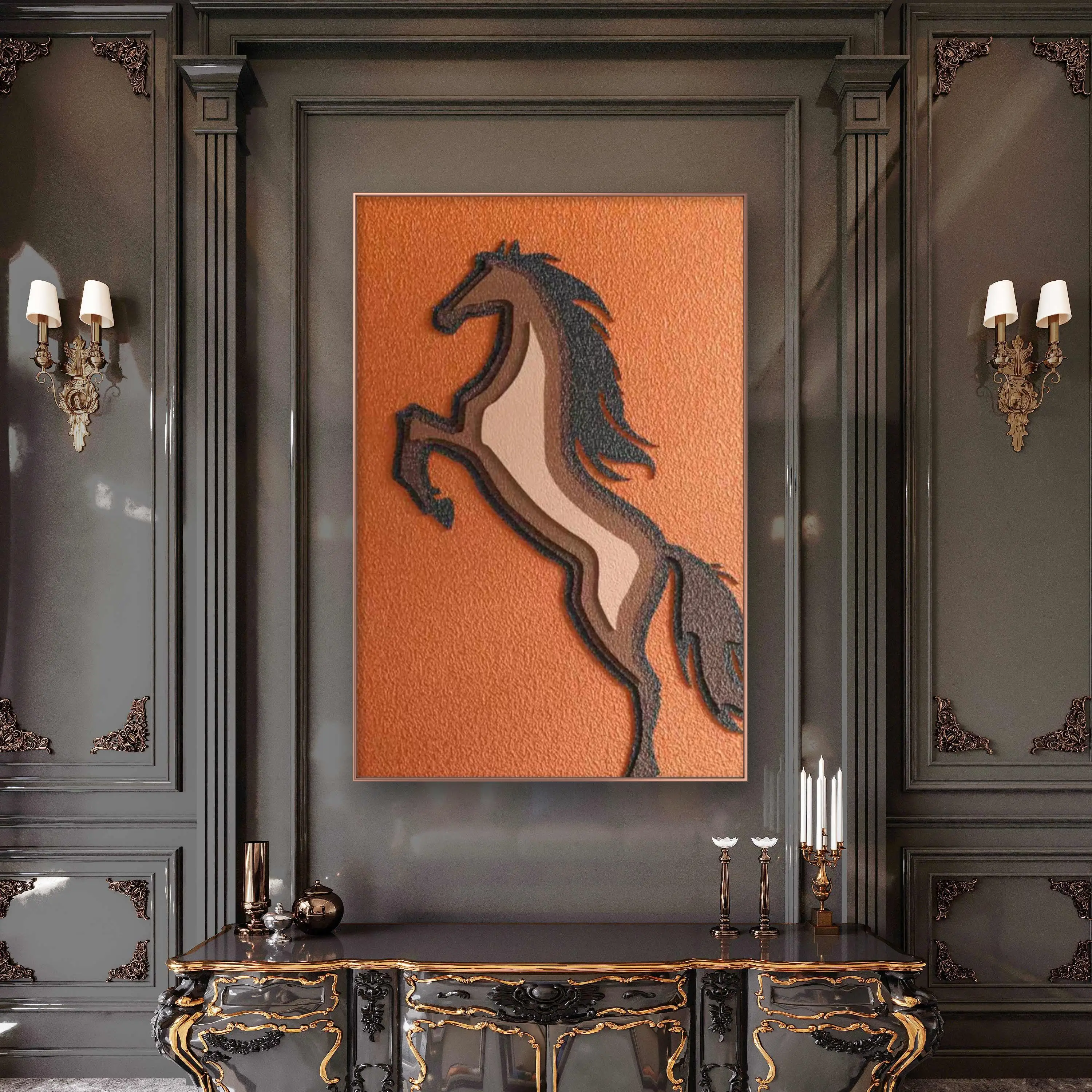 Customized living room foyer corridor background wall decoration painting 3D sandstone wood carvinging horse