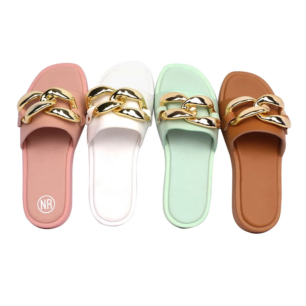 HEVA 2023 wholesale summer new style sliders slippers beach metal chain slides custom logo outdoor fashion flat slippers