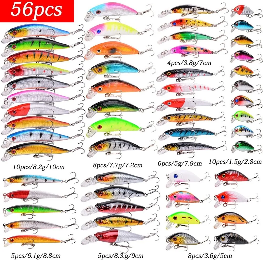 56PCS Mixed Fish Kit Minnow Wobblers Crankbait Hard Bait Tackle Artificial Fishing Lure Set