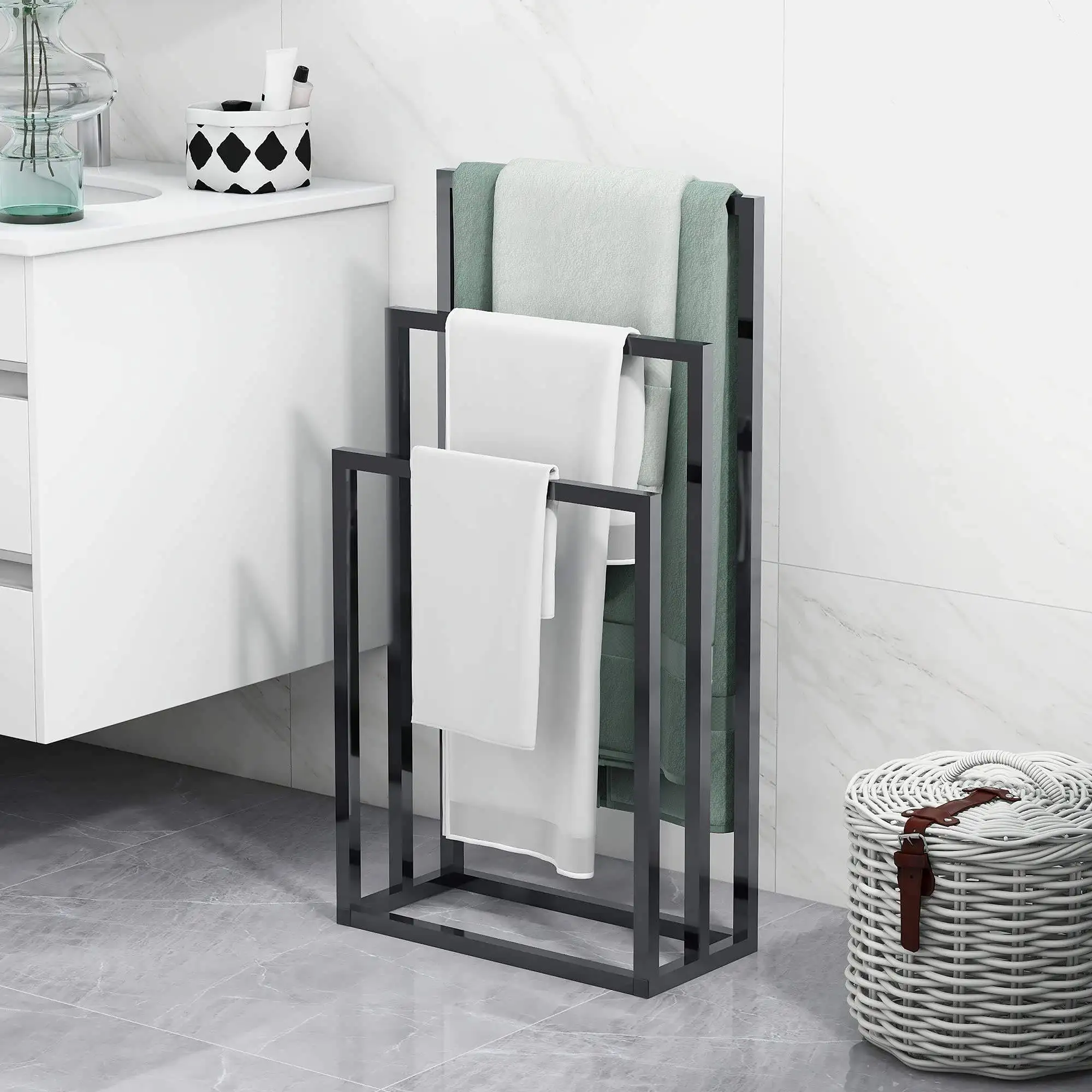 3 Tiers White Metal Towel Rack 3 Bars Freestanding Towel Holder Drying Shelf Stand Towel Bar Storage