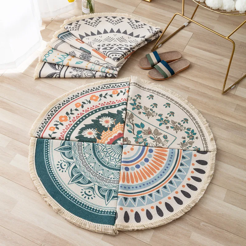 Оптовая продажа Плетеный Ковер из хлопка и льна Декоративный Круглый ковер для домашнего декора коврики с цветочным принтом