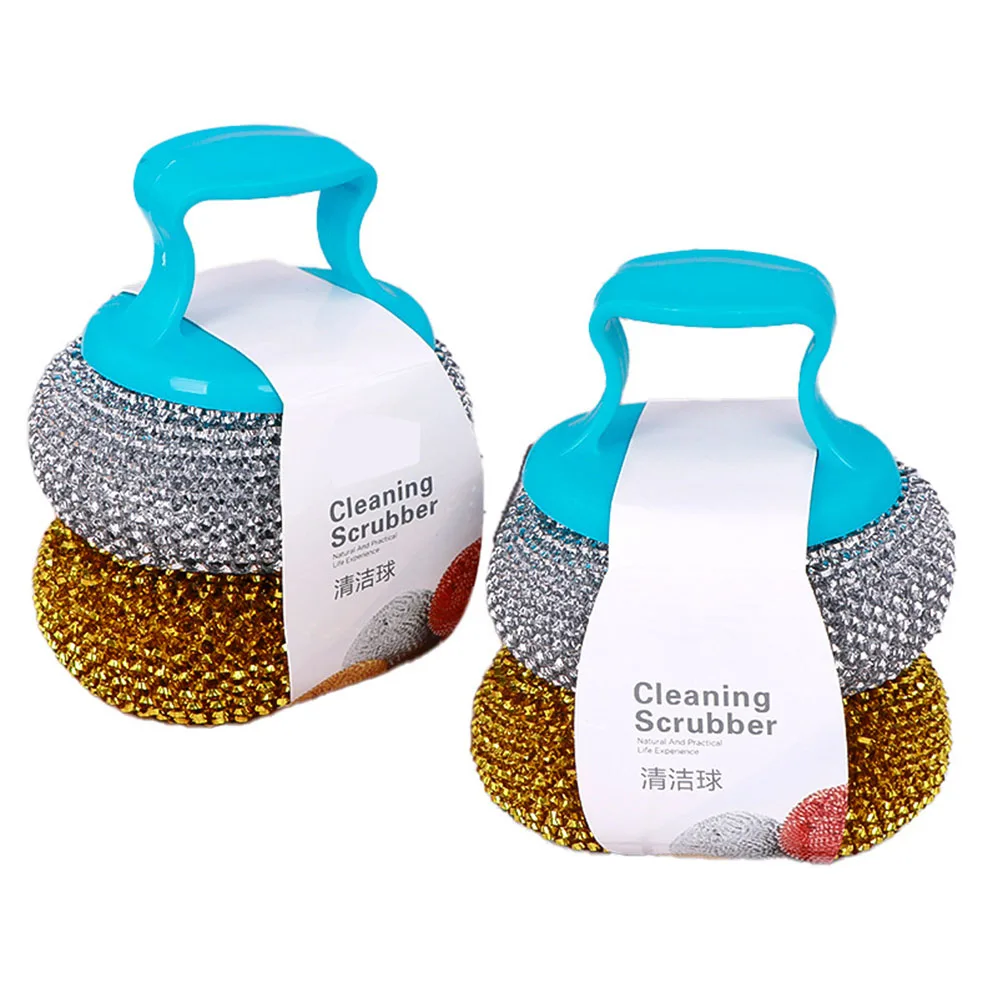 Stainless Steel Scrubber PET Palm Scrub  2 balls+1 handle Set Kitchen Cleaning Brush Ball for Pot Pan Dish Wash Cleaning