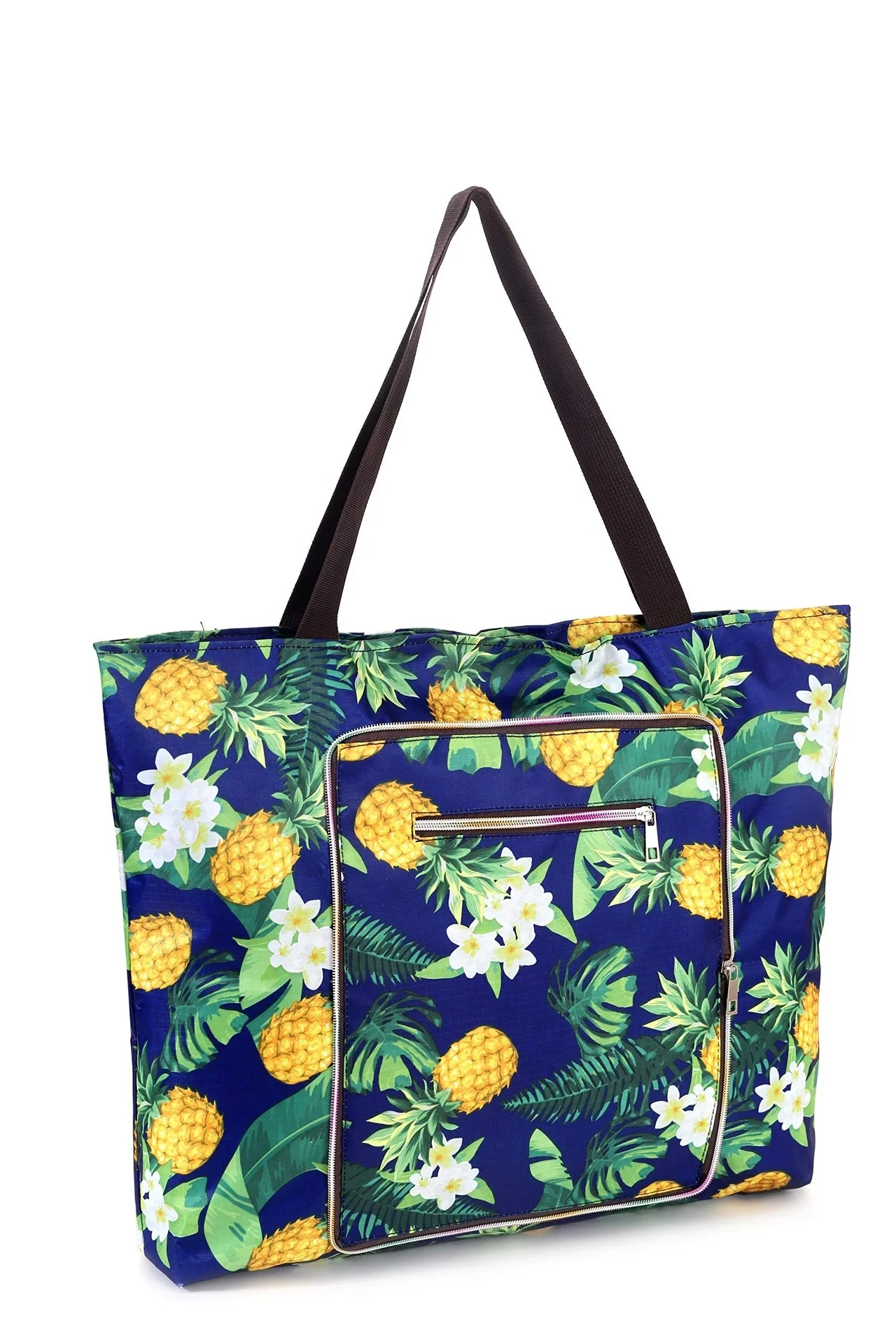 Factory new designer wholesale light weight ladies flamingo printed logo  handbag fold tote beach bag with zip
