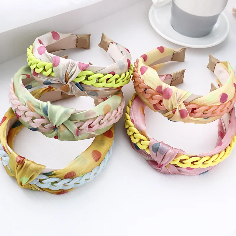 New hair accessories headband polka dot fabric chain knotted twisted wide-brimmed headband