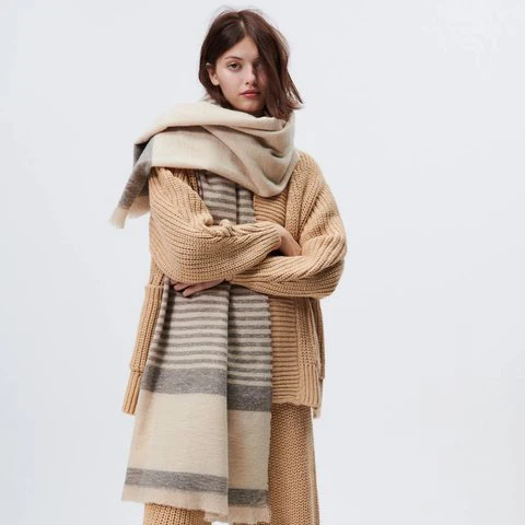 Роскошный Теплый зимний шарф в бежевую полоску 2022, шаль с кисточками, длинный палантин, женские зимние шарфы, оптовая продажа