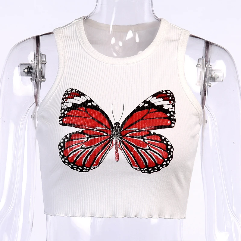 Wholesale Sexy Women Ladies Slim Vest Crop Tops Butterfly Print Sleeveless Shirt Outdoor Wear