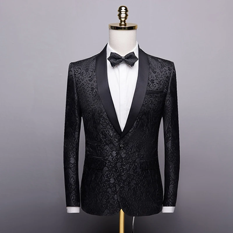 Jacket Male Wedding Banquet Blazer Masculino Men Patchwork Collar One Button Tuxedo Suit Floral Jacquard Dress Blazers