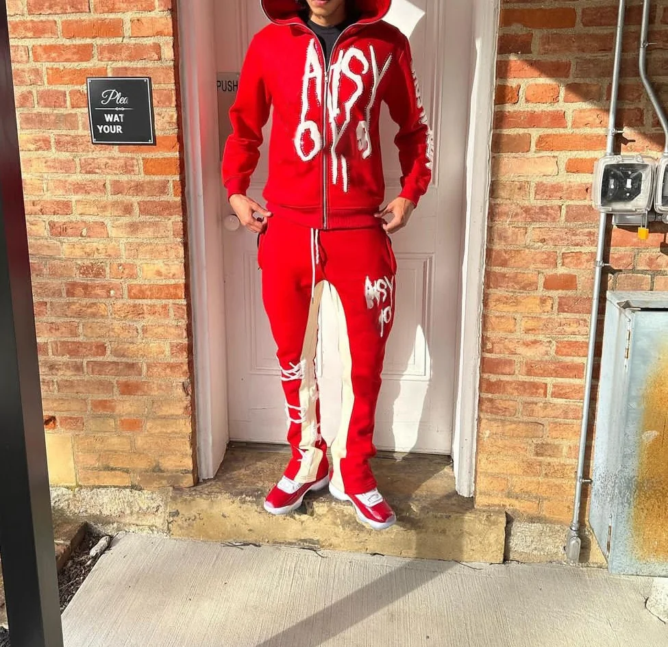 High Quality Custom Logo Screen Print Transfers Full Face Zip Hoodie Rhinestone Wholesale Patchwork Puff Print Tracksuits For Me