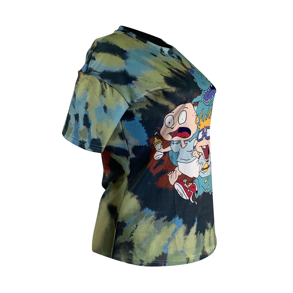 
Street Style Women Fashion Anime Print Green T-shirt Short Sleeves Casual Loose Blouse Top for Girls Students Cool T-Shirt 