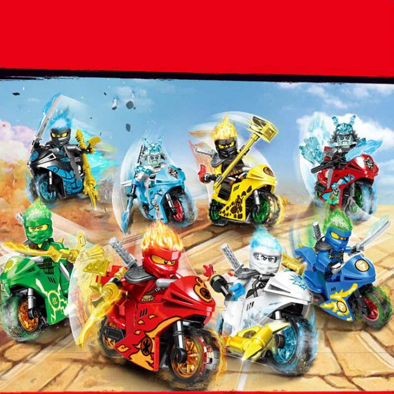 8Pcs Anime Action Figure Toys Collection Combat Ninja Go Minifigs with Motorcycles Mini Figures Building Set Kids Blocks Toys