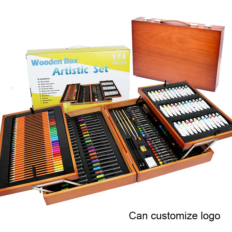 174 Pcs Double Layer Wood Box Packing Gift Set Drawing Painting Colorful Pencil Watercolor Pen Marker Pen Art Set