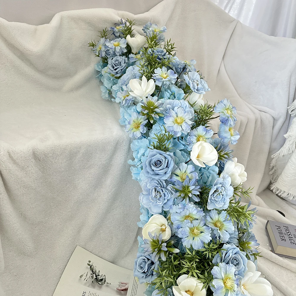 Высокое качество 200 см выдвижной стол бегун светло-синие Искусственные цветы зеленые листья красивые DIY украшения для свадебной вечеринки