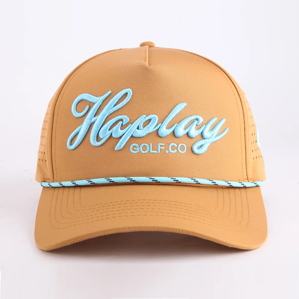 Fashion Custom 3D embroidery logo 5 Panel Waterproof Polyester Sport Golf Hat,Laser Cut Perforated Dad Gorras,Rope Baseball Cap
