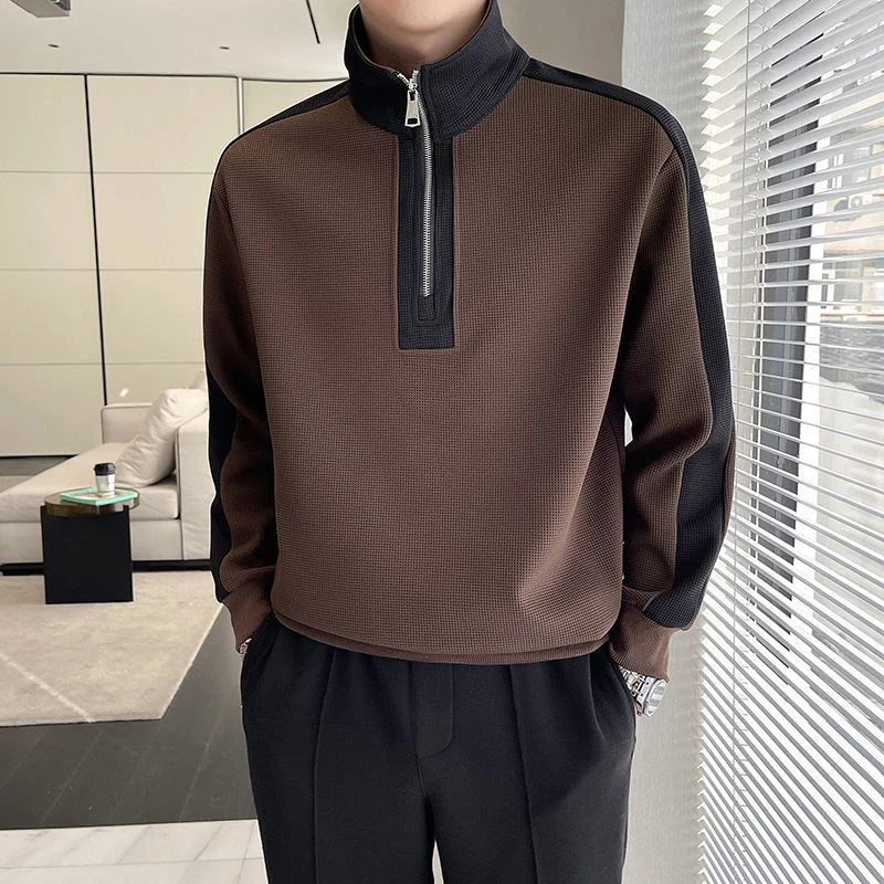Fall color patchwork half-zip stand-up collar waffle fabric sweatshirt for men