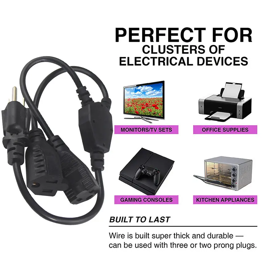 125V Us Female Plug Extension Ac 3 Prong Cable Nema 515P To Nema 515R 3 Pin Usa 14 Awg 1 To 2 Power Cord