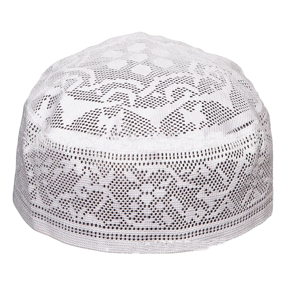 Wholesale Mesh Dome Embroidered  Arabic Dubai Malaysia White Hat For Men Net Muslim Prayer Cap