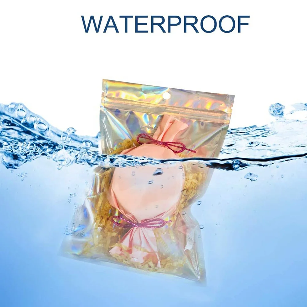 Customize Clear Front Stand Up Laser Plastic Packaging Holographic Bag,Transparent Snack Food Ziplock Mylar Three Side Seal Bags