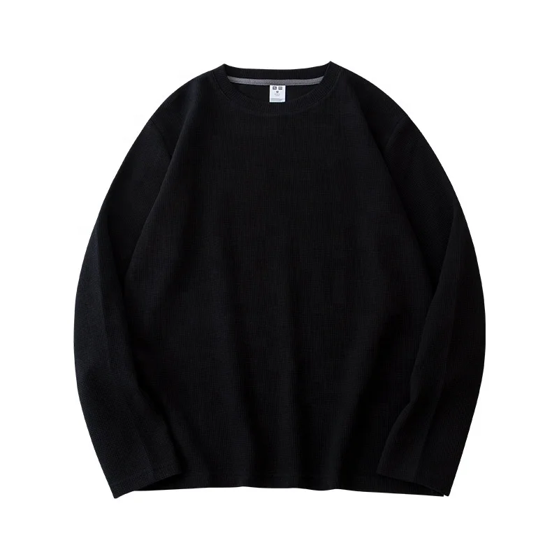 Long sleeve high quality cotton waffle knit t shirt custom waffle fabric heavyweight men shirt
